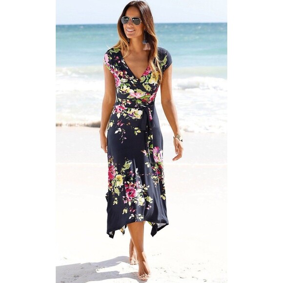 Venus Lascana Dress Medium Floral Handkerchief Hem Tie Waist Tropical Resort - Picture 1 of 11